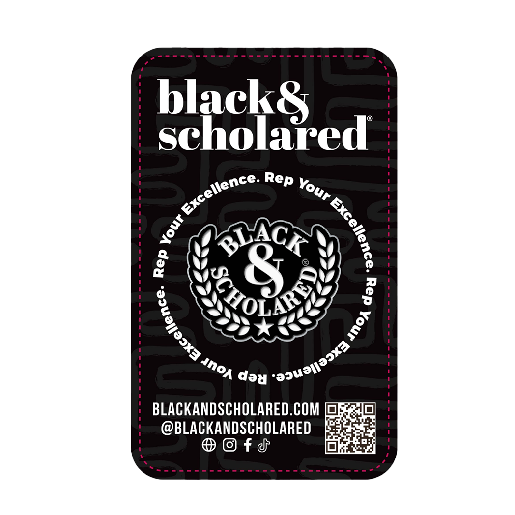 Black and Scholared card with branding and contact information on a white background