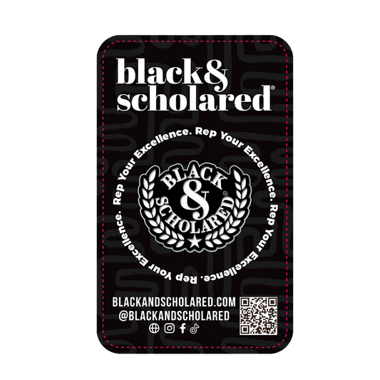 Black and Scholared card with branding and contact information on a white background
