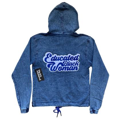 1920 Educated Black Woman Vintage Denim Hoodie (Royal Blue & White)