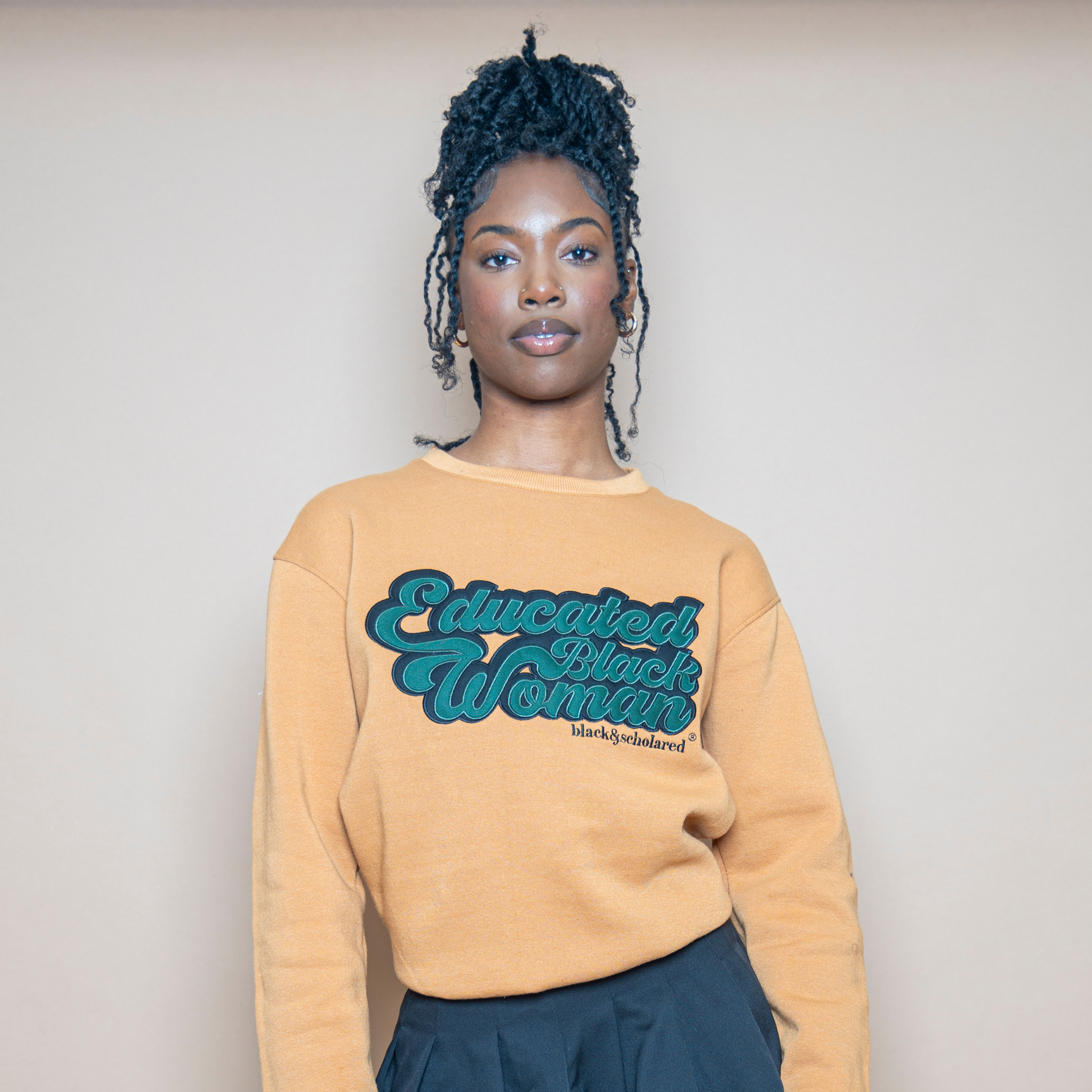 Educated Black Woman Embroidered Sweatshirt Camel Black Scholared
