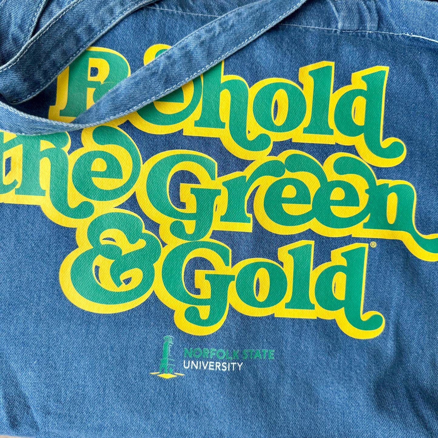 Behold the Green & Gold Norfolk State Denim Tote Bag