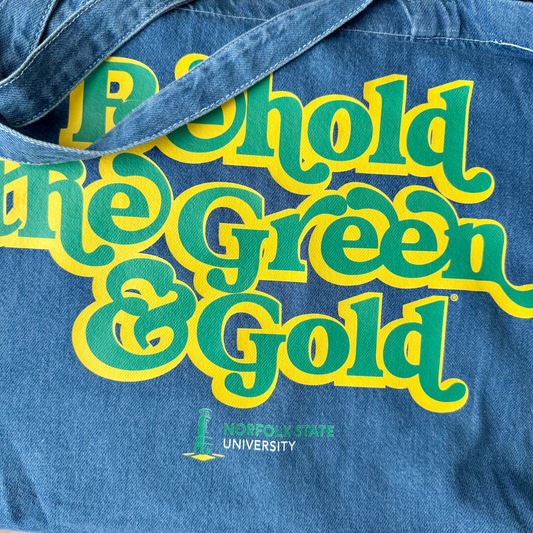 Behold the Green & Gold Norfolk State Denim Tote Bag