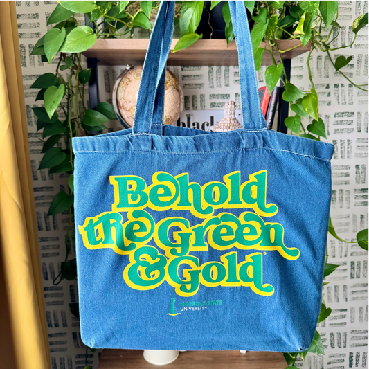 Behold the Green & Gold Norfolk State Denim Tote Bag